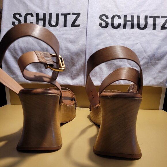 $89 NWT (8.5) SCHUTZ Camel Leather Wedge Sandal - Picture 7 of 12